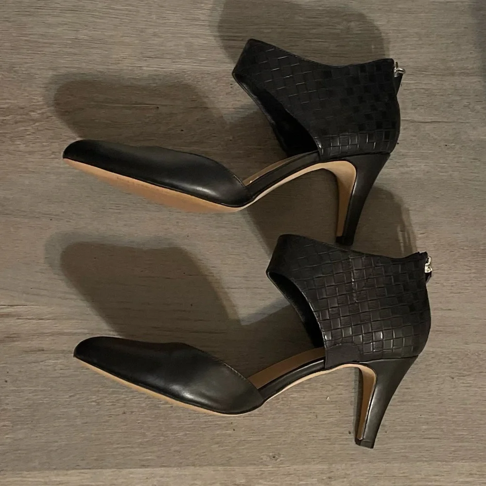 Black Pointed Toe Heels Size 10 Woven Ankle Strap Stiletto Pumps - Picture 5 of 8